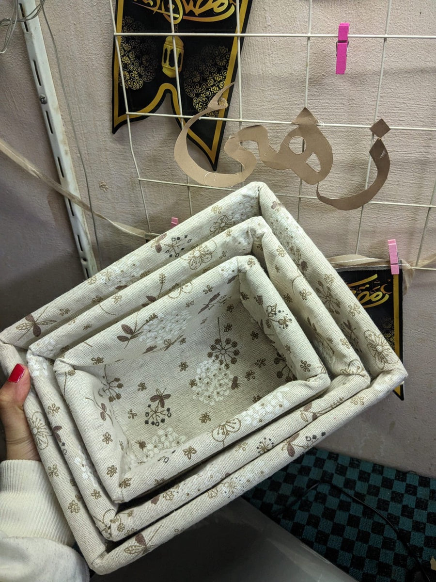 طقم سلات خوص 3 قطع (مبطن بالدانتيل) – منظمات بوهيمي ديكورية