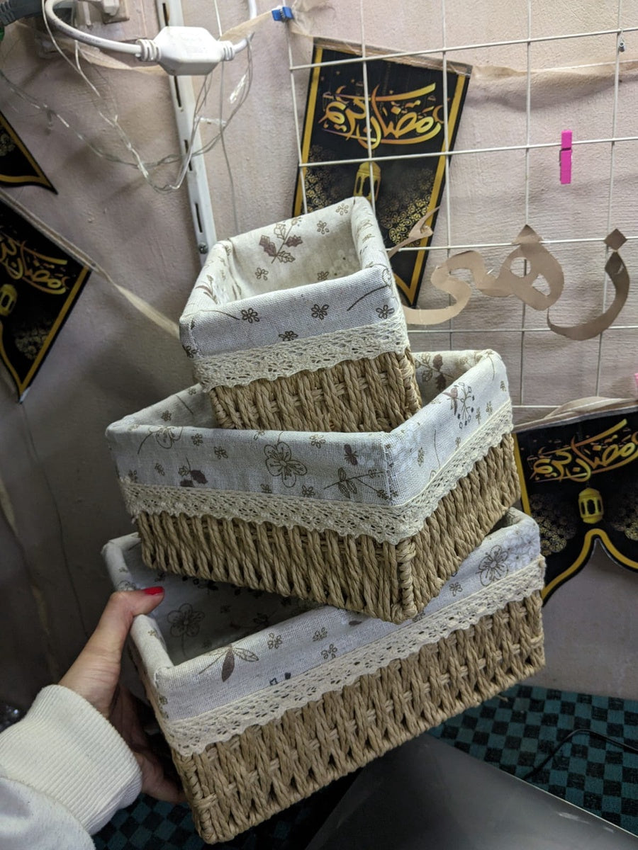 طقم سلات خوص 3 قطع (مبطن بالدانتيل) – منظمات بوهيمي ديكورية