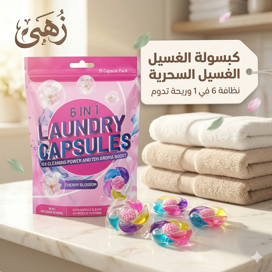 كبسولات غسيل ملابس 6 في 1 برائحة زهور الكرز – منظف ملابس مضاد للبكتيريا 99.9٪ – تدوم 72 ساعة – 15 كبسولة